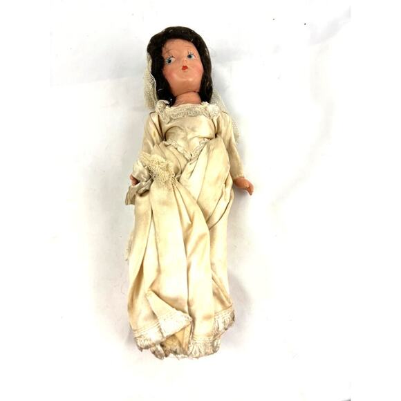 Vintage Bisque Bride Doll 11" Brunette Blue Eyes 1930s-1940s RARE - Picture 2 of 16
